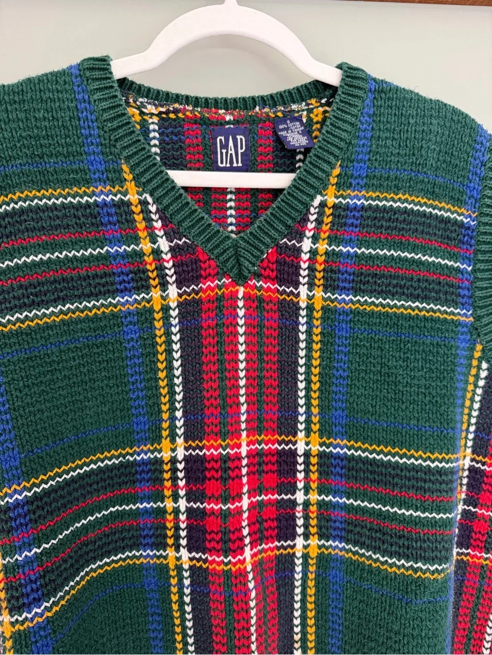 VTG 90s GAP Green Blue Red Holiday Tartan Plaid Knit Sweater Vest 100% Cotton